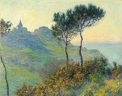 Claude Monet, Die Kirche von Varengeville bei Abendsonne (L'eglise de Varengeville, soleil couchant). 1882 (Monet,Claude,1840-1926,Christie's Images Ltd,Öl auf Leinwand,19. Jahrhundert,Impressionismus,Landschaft,französischer impressionismus,Claude Monet,impressionistisch,Kirche,Varengeville,französisch,frankreich,Abendsonne,Bäume,Hügel,Landschaft,Vordergrund,H)