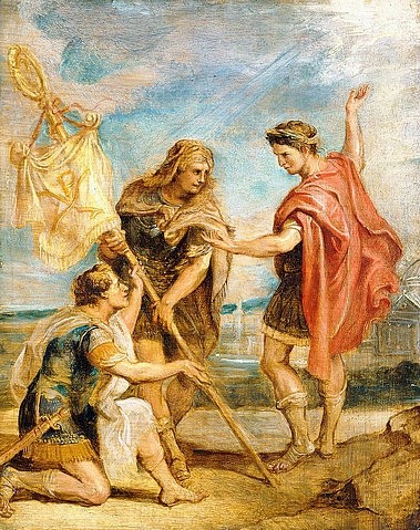 Peter Paul Rubens, Das Labarum. (Fahne, Heeresfahne, goldene Lanze, Hauptheeresfahne, Christusmonogramm, Antike, römische Armee, Kaiser Konstantin, Labarum, Barock, Klassiker, Malerei,  Treppenhaus, Wohnzimmer, Wunschgröße, bunt)