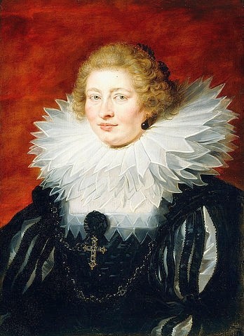 Peter Paul Rubens, Porträt von Madame de Vicq in einem schwarzen Satinkleid. (Portrait, Ehefrau von Henri de Vicq, flämisch, Spitzenkragen,  Mode, modisch, feudal, edel,  Barock, Klassiker, Malerei,  Treppenhaus, Wohnzimmer, Wunschgröße, bunt)