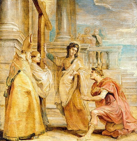 Peter Paul Rubens, Konstantin der Große verehrt das Wahre Kreuz. (Persönlichkeit, Konstantin der Große, Antike, das Wahre Kreuz, anbeten, verehren, Religion, römischer Kaiser,  Barock, Klassiker, Malerei,  Treppenhaus, Wohnzimmer, Wunschgröße, bunt)