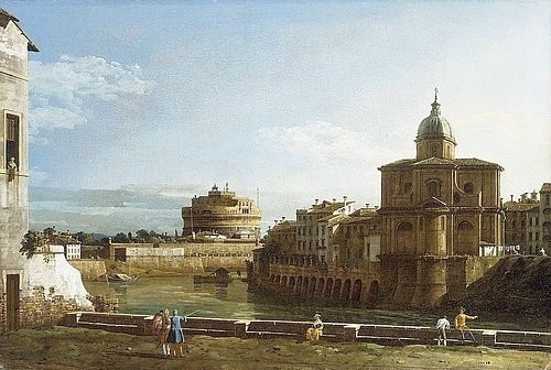 Bernardo (Canaletto) Bellotto, Ansicht Roms am Ufer der Tiber, mit der Kirche San Giovanni dei Fiorentini im Hintergrund. (Stadtansicht, Vedute, Rom, Tiber, Fluss, Engelsburg, Italien, Malerei, Wohnzimmer, Wunschgröße, Klassiker, bunt)