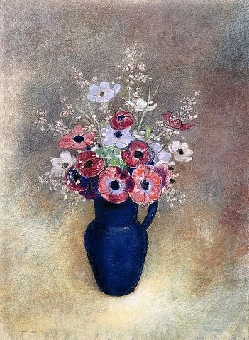 Odilon Redon, Anemonen in einem Krug (Anémones dans une Cruche). 1910-15 (Postimpressionismus, Stillleben, Blumenvase, Blüten, Blumen, Sommerblumen, Wiesenblumen, Mohn, floral, klassische Moderne, Malerei, Wohnzimmer, Esszimmer, Treppenhaus, Wunschgröße, bunt)