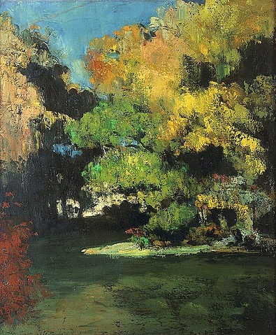 Paul Cézanne, Die Lichtung (La Clairière). Um 1867 (Cézanne,Paul,1839-1906,Christie's Images Ltd,Öl auf Leinwand,19. Jahrhundert,Landschaft,Paul Cezanne,Lichtung,Waldlichtung,Frühwerk,pastos,Baum,Bäume,Schatten,Natur,Wald,grün,Blattwerk,Landschaft,friedlich,Licht,Sommer,Ruhe)