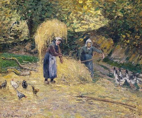 Camille Pissarro, Bäuerinnen beim Tragen des Strohs, Montfoucault (Paysannes portant de la paille, Montfoucault). 1875 (Pissarro,Camille,1830-1903,Christie's Images Ltd,Öl auf Leinwand,19. Jahrhundert,Impressionismus,Camille Pissarro,Landleben,ländlich,tragen,auf der Schulter tragen,Bäuerin,Bäuerinnen,Frauen,arbeiten,Landwirtschaft,Feldarbeit,Heu,Stroh,Hühner,Gänse,Enten,d)