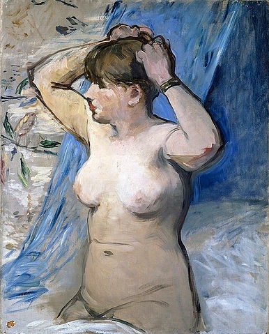 Édouard Manet, Frau beim Frisieren (Femme nue se coiffant). 1879 (junge Frau, Aktmalerei, Brüste, Erotik, nackt, Bett, Impressionismus, Wohnzimmer, Schlafzimmer, Klassiker, Wunschgröße, bunt,)