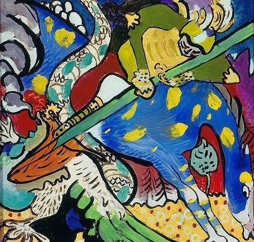 Wassily Kandinsky, Der Hl. Georg im Kampf mit dem Drachen I. 1911 (20. Jahrhundert,Foto: Joachim Blauel - Artothek,Hinterglasmalerei,1866-1944,München,Städtische Galerie,Kandinsky,Wassily,Heiliger Georg,Heilige,Reiten,Kandinsky, Wassily 1866-1944,Wassily Kandinsky,19. Jahrhundert,20. Jahrhundert,Russland,russisch,abstrak)