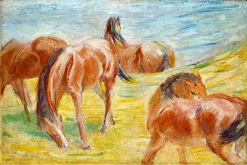 Franz Marc, Weidende Pferde I. 1910 (München,Städtische Galerie,Marc,Franz,1880-1916,Öl auf Leinwand,20. Jahrhundert,doubliert,Franz Marc,19. Jahrhundert,20. Jahrhundert,Blaue Reiter,Deutschland,deutsch,Expressionismus,expressiv,Natur,Landschaft,Naturphilosophie,Tier,Tiere,Pferd,Pferde,Weide)