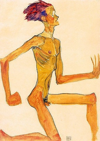 Egon Schiele, Kniender nackter Mann, im Profil nach rechts (Selbstbildnis). 1910 (Schiele,Egon,1890-1918,Christie's Images Ltd,Gouache/Aquarell/Kreide,Öl auf Leinwand,20. Jahrhundert,Expressionismus,auf getöntem Papier,Egon Schiele,ausgemergelt,Furcht,mager,unterernährt,Mann,nackt,Akt,Penis,rennen,Profil,gehetzt,Selbstbildnis,gelb,Ripp)