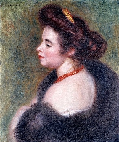 Pierre-Auguste Renoir, Madame Maurice Denis. 1904 (Die Porträtierte, geb. Marthe Meurier (1870-1919) war die Ehefrau von Maurice Denis.) (Portrait, Profil, Frau, Madame Maurice Denis, Hochfrisur, Haarkamm,  rote Halskette, schulterfrei, Eleganz, sinnlich, Impressionismus, klassische Moderne, Wunschgröße, Wohnzimmer, Malerei)