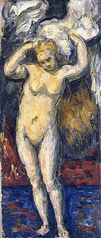 Paul Cézanne, Stehende Badende, sich die Haare trocknend (Baigneuse Debout, s'Essuyant les Cheveux). Um 1869 (Cézanne,Paul,1839-1906,Christie's Images Ltd,Öl auf Leinwand,19. Jahrhundert,Paul Cézanne,Frau,Stehende,stehen,Badende,blond,langes Haar,sich abtrocknen,trocknen,erhobene Arme,Akt,weiblich,Sauberkeit,Körperpflege,Hygiene)