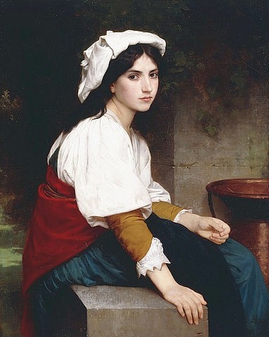 William Adolphe Bouguereau, Italienisches Mädchen an einem Brunnen (Italienne à la Fontaine). 1870 (Bouguereau,William Adolphe,1825-1905,Christie's Images Ltd,Öl auf Leinwand,19. Jahrhundert,William Adolphe Bouguereau,schönheit,schön,Mädchen,jung,weiß,Haube,Bluse,Blickkontakt,makellos,Kontemplation,Porträt,sitzen,Italienerin,Teenager)