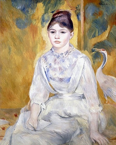 Pierre-Auguste Renoir, Junges Mädchen mit einem Schwan (La Jeune Fille au Cygne). 1886 (Portrait, junge Frau, Brief, Kranich, Vogel, Schwan, Schönheit, nachdenklich, weißes Kleid, Impressionismus, klassische Moderne, Wunschgröße, Wohnzimmer, Malerei)