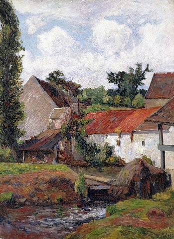 Paul Gauguin, Bauernhof in Osny. 1883 (Gauguin,Paul,1848-1903,Christie's Images Ltd,Öl auf Leinwand,19. Jahrhundert,Paul Gauguin,Osny,Farm,Bauernhof,Schuppen,Frankreich,Gebäude,friedlich,Dächer,Dach,ländlich,auf dem Land,Bach,Stall,Stallgebäude)