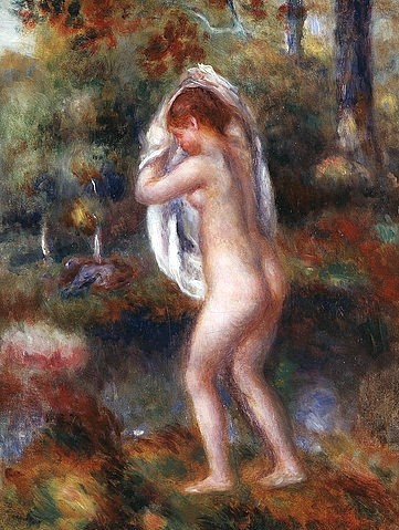 Pierre-Auguste Renoir, Badende sich ausziehend (Baigneuse se Déshabillant). 1897 (Wald, Waldsee, Aktmalerei, Seitenakt, nackte Frau, Badende, Waldlandschaft, Impressionismus, klassische Moderne, Wunschgröße, Wohnzimmer, Malerei)