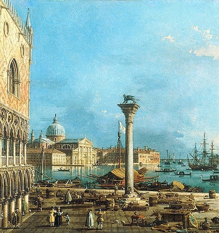 Canaletto (Giovanni Antonio Canal), Die Piazzetta in Venedig mit dem Bacino di San Marco und der Insel San Giorgio Maggiore. (18. Jahrhundert,Öl auf Leinwand,Christie's Images Ltd,1697-1768,Canaletto (Giovanni Antonio Canal),Canaletto,Giovanni Antonio Canal,Lagune,Architektur,Insel,Isola San Giorgio Maggiore,Bacino,Piazzetta,Venedig,Markuslöwe,Markussäule,Säule,Löwe)