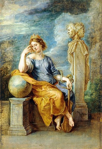 Peter Paul Rubens, Allegorie der Klugheit. (Klugheit, Weisheit, Allegorie, Frau, Statue, Januskopf, Erdkugel, Erdball, Schlange, Tugend, Kardinaltugend,  Barock, Klassiker, Malerei,  Treppenhaus, Wohnzimmer, Wunschgröße, bunt)