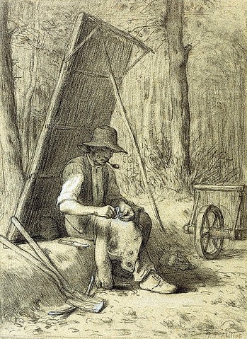 Jean-François Millet, Der Straßenarbeiter (Le Cantonnier). (Straßenarbeiter, Handwerk, Rast, Pause, Schatten, Realismus,  Wohnzimmer, Esszimmer, Treppenhaus, Klassiker, Zeichnung, Studie,  Wunschgröße, schwarz/weiß)