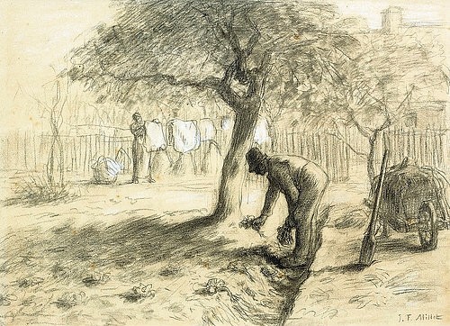 Jean-François Millet, Gartenarbeit. (Garten, Gartenarbeit, Wäsche, Wäscheleine, Bauerngenre, Realismus,  Wohnzimmer,  Treppenhaus,  Wunschgröße, Klassiker, Zeichnung, Studie, schwarz/weiß)