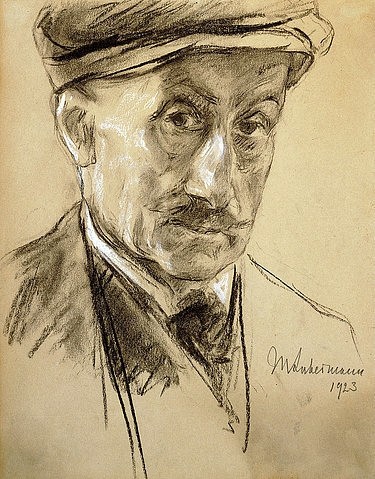 Max Liebermann, Selbstbildnis. 1923 (Liebermann,Max,1847-1935,Christie's Images Ltd,Schwarze und weiße Kreide,20. Jahrhundert,Portrait,auf getöntem Papier,Max Liebermann,Blickkontakt,Mann,Signatur,Künstlerportrait,Künstlerporträt,Selbstportrait,Schnurrbart,Kopf,Schultern,Brustbild,Gesicht,Se)