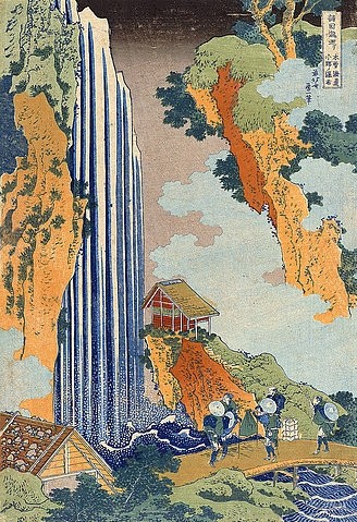 Katsushika Hokusai, Ono Wasserfall, aus der Serie 'Eine Reise zu den Wasserfällen Japans'. (Hokusai,Katsushika,1760-1849,Christie's Images Ltd,Farbholzschnitt,19. Jahrhundert,18. Jahrhundert,Katsushika Hokusai,Oban tate-e,Kiso road,Weg,Straße,Kiso Highway,Bakufu,Japan,japanisch,Wasserfall,Reisende,Reise,Reiseziel,Serie,Tate-E,Oban,Ono,Onono,Herb)