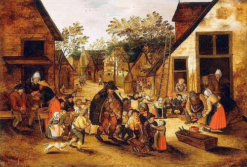 Pieter BRUEGHEL DER Jüngere, Ein blinder Leierkastenmann umgeben von Dorfkindern. 1610 (Brueghel d.J.,Pieter,Christie's Images Ltd,um 1564-1638,Öl auf Holz,17. Jahrhundert,Pieter Brueghel der Jüngere,blind,mann,Kinder,Dorf,Leierkastenmann,Drehorgel,umringen,Dorfbewohner,Attraktion,Leiter,Schmied,Landstreicher,Vagabund)