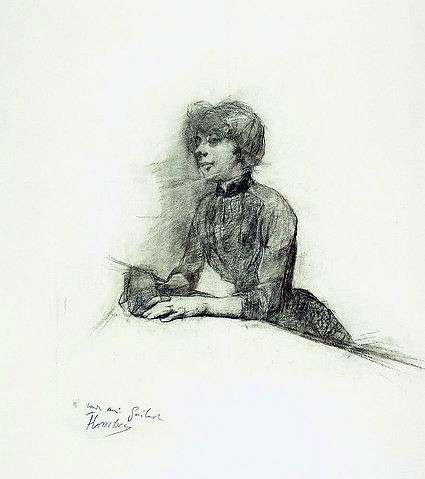 Henri de Toulouse-Lautrec, Sitzende Frau. Um 1887 (Kohle,auf Papier,19. Jahrhundert,Toulouse-Lautrec,Henri de,1864-1901,Christie's Images Ltd,Henri De Toulouse Lautrec,Widmung,gewidmet,signiert,Signatur,Zeichnung,Frau,aufgestützt,weißer Hintergrund)