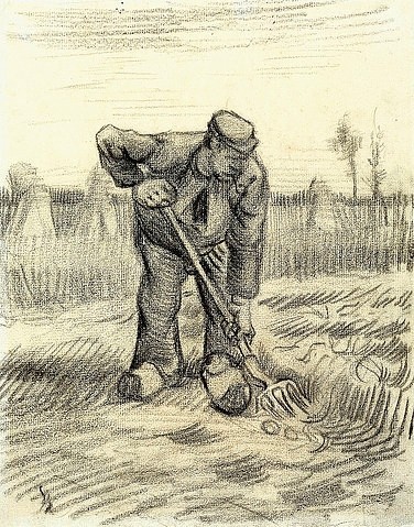 Vincent van Gogh, Kartoffelbauer (Arracheur de Pommes de Terres). 1885 (Gogh,Vincent van,1853-1890,Christie's Images Ltd,19. Jahrhundert,Schwarze Kreide auf Papier,Vincent van Gogh,Kartoffelpflug,Arbeitsleben,Mann,Landwirtschaft,Bauer,nach vorne beugen,graben,Feld,Mistgabe,Heugabe,Forke,arbeiten,Kartoffeln,Kartoffelfeld,Karto)