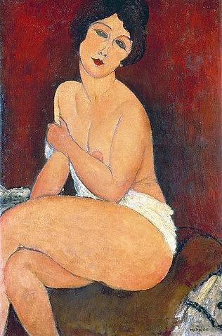 Amadeo Modigliani, Sitzender Akt auf einem Diwan (oder: La belle Romaine). 1917. (Öl auf Leinwand,1884-1920,Modigliani,Amadeo,Privatbesitz,Weibliche Akte,Modigliani, Amadeo 1884-1920,Amadeo Modigliani,19. Jahrhundert,20. Jahrhundert,Italien,italienisch,Expressionismus,expressionistisch,expressiv,Bildnis,Portrait,Porträt,Frau,Frau, jung)