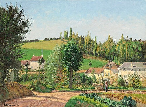 Camille Pissarro, Kleines Dorf nahe Pontoise (Hameau aux Environs de Pontoise). 1872 (Pissarro,Camille,1830-1903,Christie's Images Ltd,Öl auf Leinwand,19. Jahrhundert,Impressionismus,Camille Pissarro,Dörfchen,Dorf,Pontoise,Bauernhäuser,Kuh,Weg,Straße,Dorfstraße,Kuhhirtin,draußen,Landleben,auf dem Land,Idylle,idyllisch,Frühling, französisch)