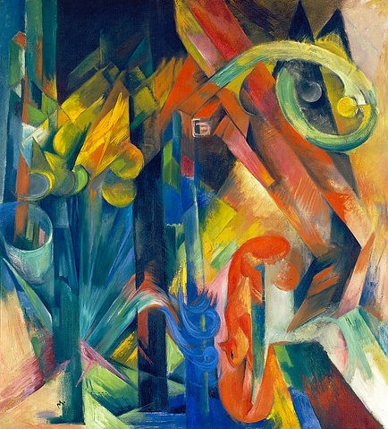 Franz Marc, Wald mit Eichhörnchen. 1913. (Marc,Franz,1880-1916,Zürich,Kunsthaus,Franz Marc,19. Jahrhundert,20. Jahrhundert,Deutschland,deutsch,Expressionismus,expressionistisch,expressiv,Blaue Reiter,Wald,Natur,Landschaft,Naturphilosophie,Idylle,idyllisch,Eichhörnchen,Tier,Tiere,Baum,Pflanze,Pfla)