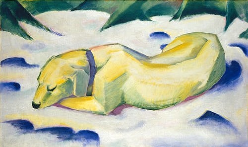Franz Marc, Liegender Hund im Schnee. 1910/1911. (Städel Museum,Frankfurt am Main,Marc,Franz,1880-1916,Öl auf Leinwand,<br>Eigentum des Städelschen Museums-Verein e.V.,Hunde,Marc, Franz 1880-1916,Franz Marc,19. Jahrhundert,20. Jahrhundert,Deutschland,deutsch,Expressionismus,expressionistisch,expressiv,Bl)
