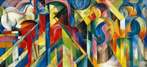 Franz Marc, Stallungen. 1913 (Marc,Franz,1880-1916,New York,S. Guggenheim-Museum,Lwd.,Öl auf Leinwand,Marc,Franz Marc,19. Jahrhundert,20. Jahrhundert,Expressionismus,expressionistisch,Blaue Reiter,Tier,Tiere,Pferd,Pferde,kristallin,Stallung,Natur,Naturphilosophie,Strahlen,Licht,Auflös)