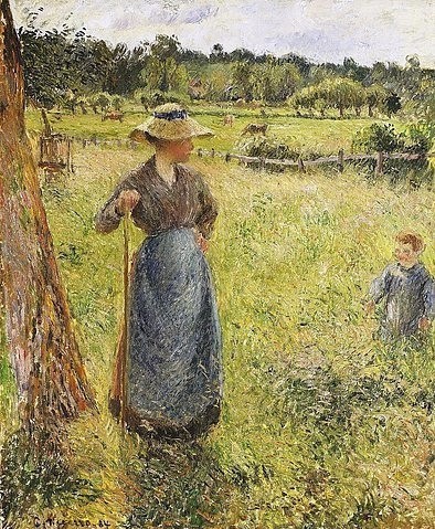 Camille Pissarro, Die Heumacherin (La Faneuse). 1884 (Pissarro,Camille,1830-1903,Christie's Images Ltd,Öl auf Leinwand,Copyright © Christie's Images Ltd / Photo © Christie's Images Ltd,camille pissarro,impressionismus,impressionistisch,frau,kind,feld,wiese,ländlich,landschaft,natur,französisch,bäuerin,landwi)