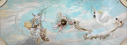 Franz Matsch, Frühling. 1885. (Öl auf Stukkaturgrund,Wien,Hermesvilla,Matsch,Franz,Wien Museum/Peter Kainz,1864-1892,Klimt,Ernst,1862-1918,Klimt,Gustav,gustav klimt,ernst klimt,franz matsch,deckengemälde,himmel,blumen,blüten,putten,putto,engel,schwebend,fliegend,girlanden,blumengirland)