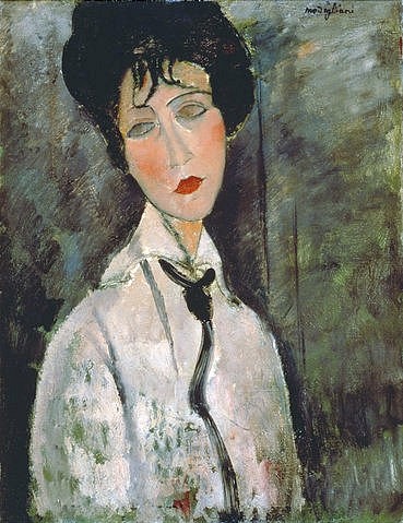 Amadeo Modigliani, Frau mit schwarzer Kravatte. 1917. (Privatbesitz,Modigliani,Amadeo,1884-1920,Frauen, Junge,Frauen,Modigliani, Amadeo 1884-1920,Amadeo Modigliani,19. Jahrhundert,20. Jahrhundert,Italien,italienisch,Bildnis,Porträt,Portrait,Frau,Frau, junge,Schwarz,Kravatte,Galgenstrick,Hemd,traurig,melanchol)