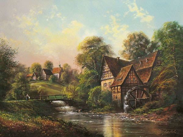 Helmut Glassl, BACH (Malerei, Landschaften,    Mühle, Wassermühle, Bach, Brücke, Einsamkeit, Idylle, Ruhe, Bäume, Nostalgie, Wohnzimmer, Treppenhaus, Wunschgröße, bunt)