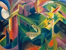 Franz Marc, Reh im Klostergarten (Malerei, Expressionismus, Garten, Reh, Schutz, Versteck,  Tier,  klassische Moderne, Wohnzimmer, Arztpraxis, Treppenhaus, Schlafzimmer, bunt)