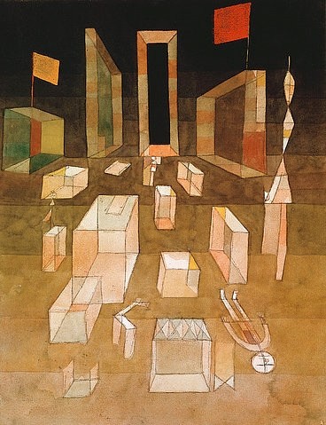 Paul Klee, Nichtkomponiertes im Raum. 1929, 124 (Klee,Paul,1879-1940,Kochel,Franz-Marc-Museum,Aquarell,20. Jahrhundert,Dauerleihgabe,Feder,Kreide und Bleistift,auf Papier auf Karton,Paul Klee,Franz Marc Museum, Kochel am See,Fahne,Fahnen,Perspektive,Raum,räumlich,Tiefe,Bauhaus,Fluchtpunktperspektive,Wür)