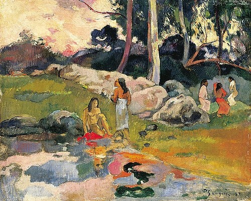 Paul Gauguin, Frauen an einem Flussufer (Femmes au bord de la rivière). 1891-93 (Gauguin,Paul,1848-1903,Christie's Images Ltd,Öl auf Leinwand,19. Jahrhundert,Paul Gauguin,Frauen,Tahiti,exotisch,Fernweh,Fruchtbarkeit,Fluss,Flussufer,in der Natur,Südsee)