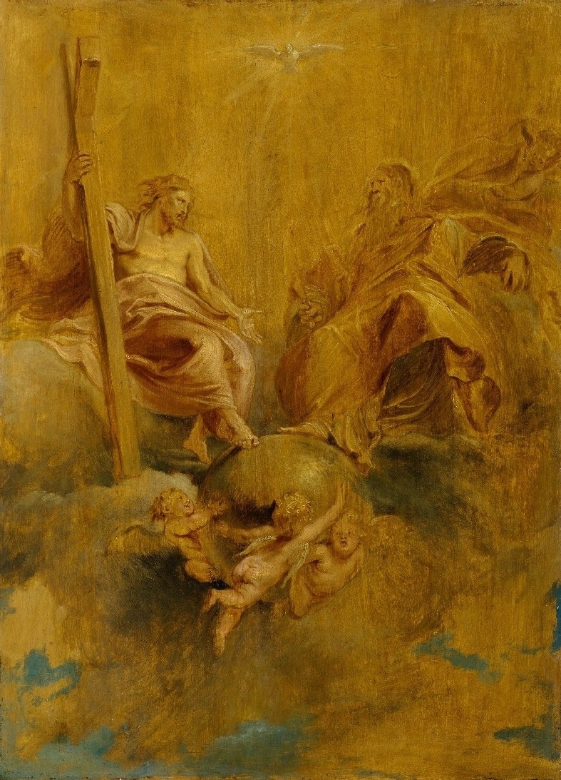 Peter Paul Rubens, Die Hl. Dreifaltigkeit. Um 1616-17 (Barock,17. Jahrhundert,Öl/Eichenholz,Basel,Kunstmuseum,1577-1640,Rubens,Peter Paul,Peter Paul Rubens,Ölskizze,Gott,Gottvater,Dreieinigkeit,Jesus Christus,Taube,heiliger Geist,Putten,Putti,Erdkugel,Himmel)
