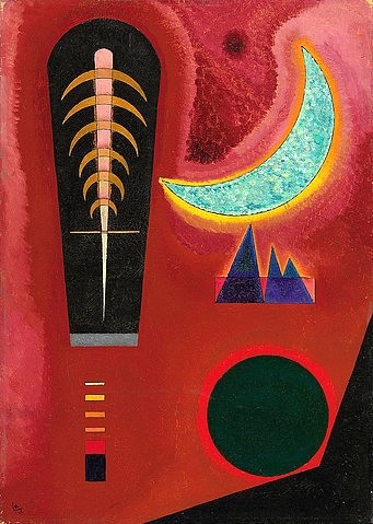 Wassily Kandinsky, Loses im Rot. 1925 (Abstraktion,20. Jahrhundert,Öl/Karton,Christie's Images Ltd,1866-1944,Kandinsky,Wassily,Wassily Kandinsky,Bauhaus,Rückgrat,Kreis,rot,roter Hintergrund,Mond,Mondsichel,dunkel,grün,Nacht)