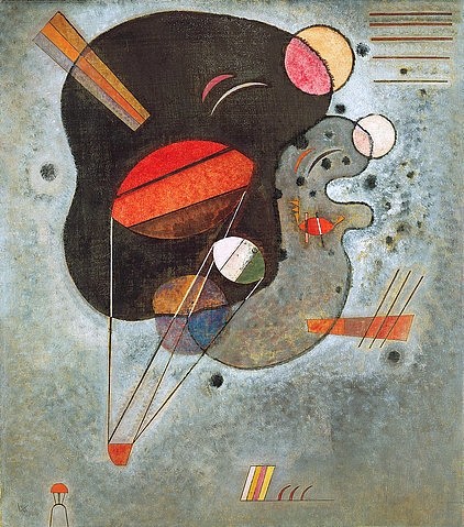 Wassily Kandinsky, Schwebender Druck. 1931 (Kandinsky,Wassily,1866-1944,Christie's Images Ltd,20. Jahrhundert,Öl und Tempera auf Karton,Abstraktion,Wassily Kandinsky,Bauhaus,Kreis,schweben,grauer Hintergrund,modern,Linien,oval,schwebend,Fallschirm,schwarz)