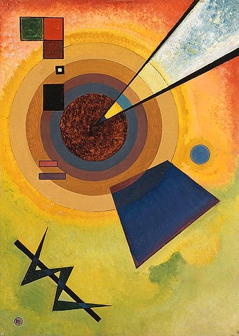 Wassily Kandinsky, Grün und Rot. 1925 (Kandinsky,Wassily,1866-1944,Christie's Images Ltd,Öl/Karton,20. Jahrhundert,Abstraktion,Wassily Kandinsky,Bauhaus,blau,grün,orange,braun,Kreis,Kreise,rund,Zentrum,Kontrast,Spitze,geometrisch,Geometrie,rot,Viereck,zackig,spitz)