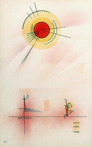 Wassily Kandinsky, Strahlen. 1929 (Kandinsky,Wassily,1866-1944,Christie's Images Ltd,Aquarell/Feder,20. Jahrhundert,und farbige Tinte auf Papier,Wassily Kandinsky,Bauhaus,Kreis,geometrisch,Geometrie,Horizont,Landschaft,Licht,hell,rot,gelb,warm,Sonne,Sonnenstrahlen,Strahl,Strahlen)