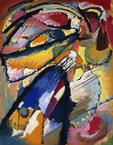 Wassily Kandinsky, Engel des Jüngsten Gerichts. Um 1911 (Kandinsky,Wassily,1866-1944,Christie's Images Ltd,Öl/Papier auf Holz,20. Jahrhundert,Wassily Kandinsky,Engel,bunt,Farben,fliegen,abstrahiert,Jüngstes Gericht,expressiv,Religion,fallender Engel)