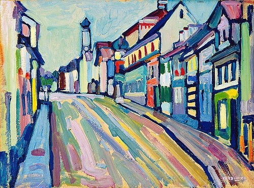 Wassily Kandinsky, Murnau - Untermarkt. 1908 (Kandinsky,Wassily,1866-1944,Christie's Images Ltd,Öl/Karton,20. Jahrhundert,Wassily Kandinsky,Frühwerk,Architektur,Straße,Murnau,Bayern,farbenfroh,bunt,Farben,Altstadt,Stadtansicht,Läden,Einkaufstraße,Blauer Reiter,Perspektive,Duktus,malerisch,niemand,Ruh)