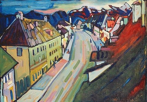 Wassily Kandinsky, Murnau-Obermarkt. 1908 (Kandinsky,Wassily,1866-1944,Christie's Images Ltd,Öl/Karton,20. Jahrhundert,Wassily Kandinsky,Frühwerk,Straße,Murnau,Bayern,erhöhter Betrachterstandpunkt,von oben,Obermarkt,Häuser,Kleinstadt,Stadtansicht,Blauer Reiter,Perspektive)