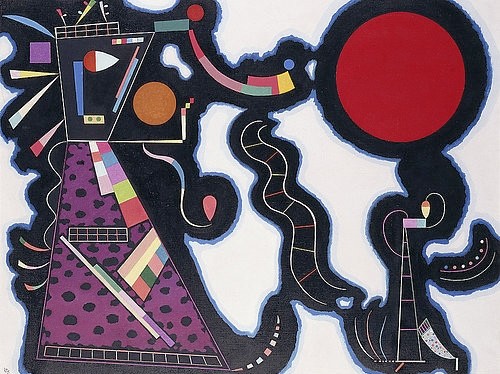 Wassily Kandinsky, Der Rote Kreis. 1939 (Kandinsky,Wassily,1866-1944,Christie's Images Ltd,Öl auf Leinwand,20. Jahrhundert,Wassily Kandinsky,schwarz,rot,Kreis,verbunden,lila,violett,weißer Hintergrund,Dreieck,Leiter,umrandet)