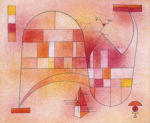 Wassily Kandinsky, Gelb Rosa. 1929 (Aquarell,Feder und Tusche,auf Papier,auf Karton aufgelegt,20. Jahrhundert,Christie's Images Ltd,1866-1944,Kandinsky,Wassily,Wassily Kandinsky,abstrakt,gelb,rosa,pink,rot,warme Farben,Farbabstufungen,Rottöne,orange,Umrisslinie,rund,Bogen,Vierecke)