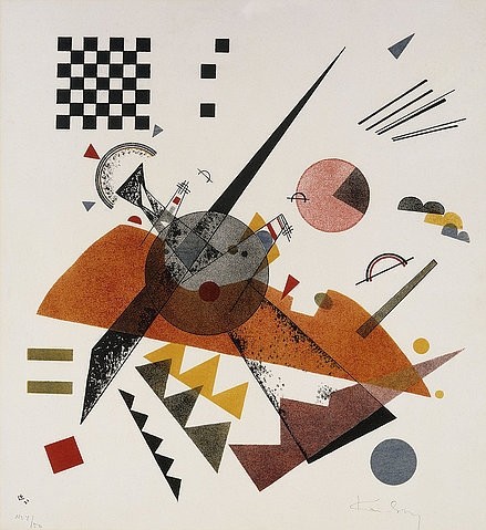 Wassily Kandinsky, Orange. 1923 (Kandinsky,Wassily,1866-1944,Christie's Images Ltd,Farblithographie,20. Jahrhundert,Abstraktion,Wassily Kandinsky,Staatliches Bauhaus, Weimar,Roethel 180,braun,orange,Schachbrett,Schachbrettmuster,Kreis,Kreise,geometrisch,geometrische Formen,Spitze,Dreieck)